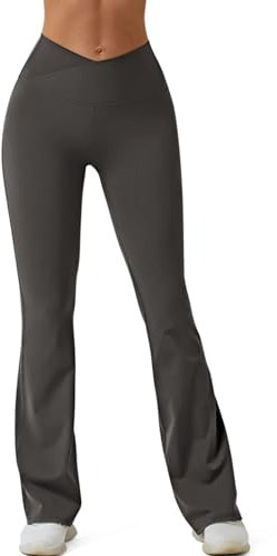 REORIA Damen Yoga Hosen Einfarbige Jogginghose Leggings Schlaghose Mit Kreuzbund und weitem Bein Dunkelgrau XL