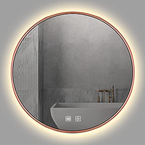 BomDog Miroir de Salle Den, Miroir de Salle Den Illuminé Rond - Miroir de Vanité Anti-Buée Mural - Miroir de Maquillarétro-Éclairé Avec Cadre En Métal/Rose Gold/700X700Mm