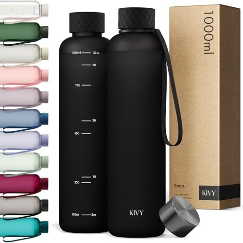 KIVY Tritan Trinkflasche 1l - Kohlensäure geeignet, Auslaufsicher, Bruchsicher, Federleicht - Trinkflasche Gym Flasche - Sporttrinkflasche Fitness Schwarz - Sportflasche 1 Liter