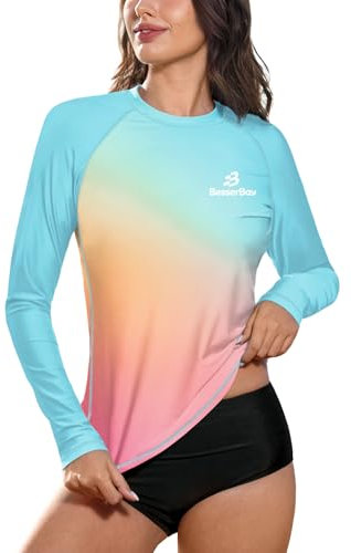 BesserBay Damen Bequem Druck UV Shirt Langarm Rundhals Mehrfarbig UPF 50+ Sonnenschutz Rash Guard L