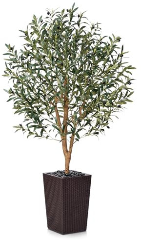 VeriNatural Olivier Artificiel 150cm-Grande Plante Artificielle d'Intérieur et Extérieur, Fausse Arbre avec Pot en Plastique Tressé Marron&Résistant aux UV-Décoration pour Maison,Balcon,VN133