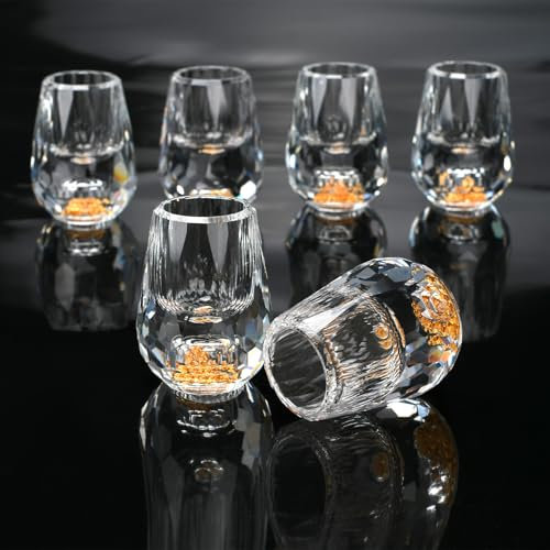 BSDLZCH Crystal Shot Glass Set of 6, 15ml Lead Free Glass with Heavy Base, Decorated with 24K Gold Golden Mountain, Ideal for Vodka, Alcohol, Tequila, Sake, Whiskey (Water Drop)