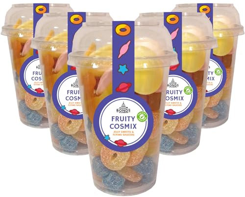 Bonds of London Fruity Cosmix Pick 'N' Mix Sweet Cups, Retro Fizzy Jelly Sweets & Flying Saucers, 290 g (Pack of 6)