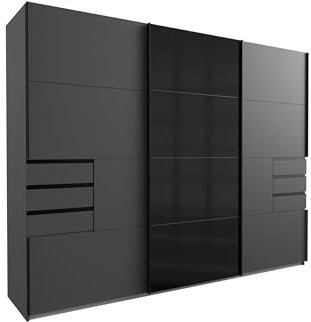 möbelando Schwebetürenschrank >Saigon< Graphit + Glas Schwarz, 3 Türen, 6 Schubladen, 2 Kleiderstangen, 6 Einlegeböden, Made in Germany, modern, stabil, zerlegt geliefert, 270x208x64cm (BxHxT)