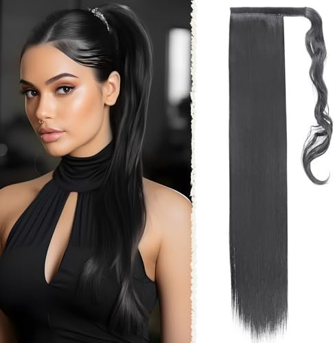 Benehair Lang Glattes Pferdeschwanz Haarteil Synthetik Haarverlängerung Zopf Ponytail Extension Haarteil Zopf Tiefschwarz Haar Extension für Damen Mädchen Tiefschwarz 66cm