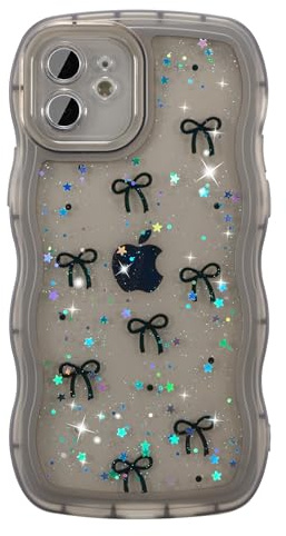 ZTOFERA for iPhone 11 Case,Bling Glitter Wavy Cute Bow,Black | Girly Sparkly,Clear Soft Bumper,Shockproof,Curly Wave Frame