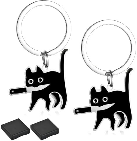 Lot de 2 Porte-Clés Chat Noir avec 2 Boîtes, Décoration, Acier Inoxydable, Paire de Porte-Clés, Cadeau pour les Amoureux des Chats, Cadeaux de Saint-Valentin pour amis