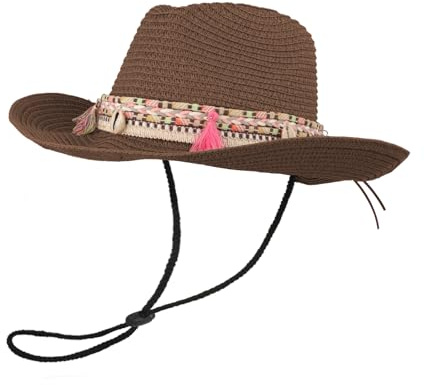 FakeFace Chapeau de Paille Femme Chapeau Cowboy Western Femme Homme Capeline Vintage en Paille Casquette Pliable avec Large Bord Anti-UV pour Adulte en Plein Air