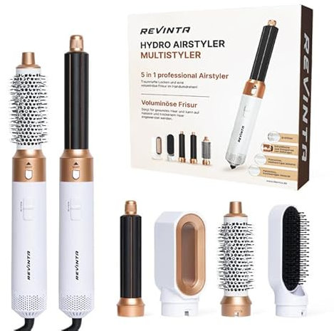 REVINTA Hydro Airstyler Multistyler, 5-in-1 Professioneller Haarstyler, Lockenstab-Set mit Ionentechnologie, Weiß/Gold