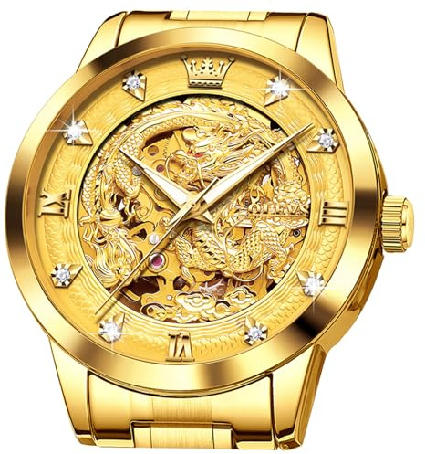OLEVS Dragon Skelett Herren-Automatikuhr, 42 mm, großes Zifferblatt, Gold, luxuriös, selbstaufziehend, Diamant, wasserdicht, Edelstahl, Business-Tourbillon, mechanische Uhren, Gold, Business