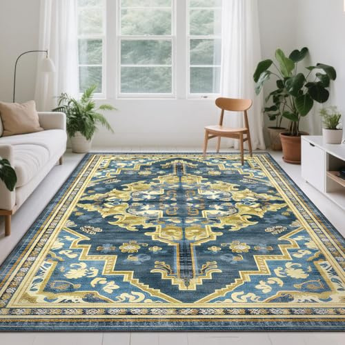 Tappeto extra large, lavabile in lavatrice, per soggiorno, antiscivolo, a pelo corto, non perde pelo, facile da pulire, per camera da letto, sala da pranzo, ufficio, 200 x 290 cm, colore: blu, giallo