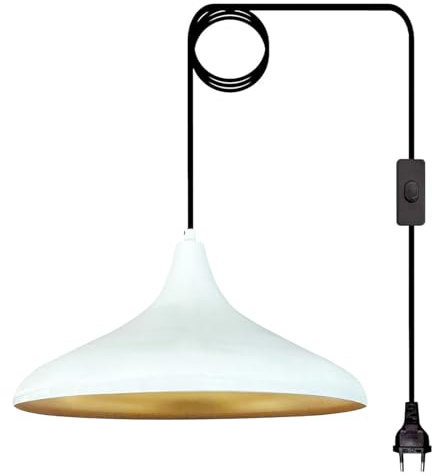 bamyum Champion Hängelampe Weiß mit EU Stecker 35 cm, Pendelleuchte, Hängeleuchte Metall mit 450cm Kabel Schalter, Steckdosenlampe, Küchenlampe