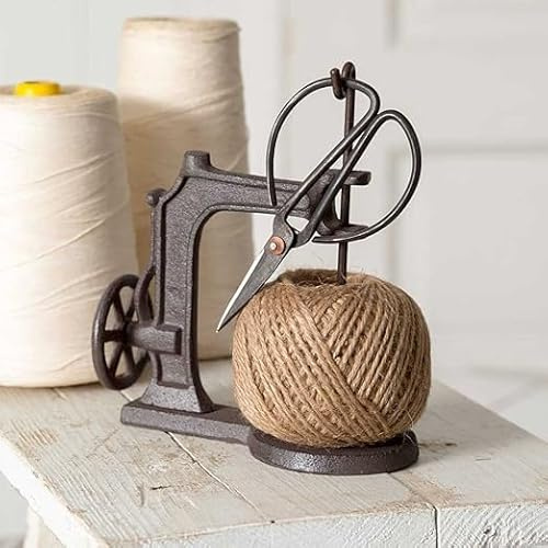 Neletao Sewing Machine Jute Twine Ball String and Scissors Holder Set, Vintage Inspired Rustic Farmhouse Style, Cast Iron Twine Holder and Scissors Set 3 Piece Set (Sewing Machine Shape)