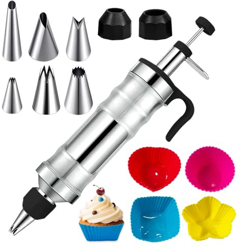 Dessert Decorating Syringe Set with 8 Silicone Cupcake Liners,Frosting Piping Nozzles Kit with 6Piping Tips,Stainless Steels frosting filling injector for Cookie,Cupcake Filler Tool,Dessert decorating