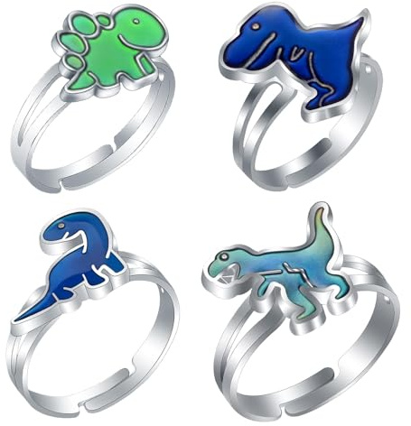 YceLon 4 Stück Stimmungsringe Kinder, Stimmungsringe Dinosaurier, Kinderringe mit Farbwechsel, Verstellbare Mood Rings als Partyaccessoires und Geburtstagsgeschenk, Weihnachtsgeschenke für Kinder