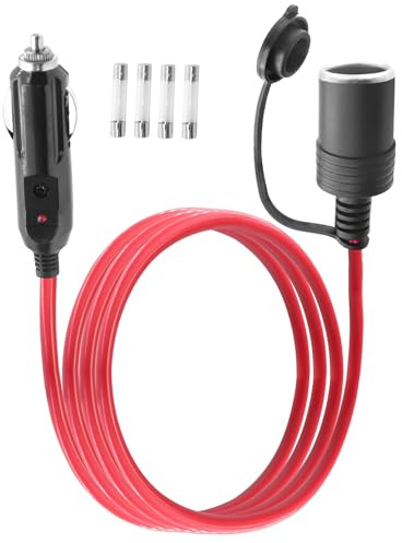 LANMINGLEL 14AWG Auto Zigarettenanzünder Verlängerungskabel, 12V / 24V Heavy Duty Zigarettenanzünder Verlängerungskabel mit LED Licht und 20A Sicherung, für Reifenpumpe, Luftkompressor (1M)