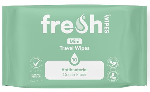 FreshWipes Mini Antibacterial Body Wipes for Adults 1 Pack (10 Wipes) - Biodegradable Wet-Wipes - Dermatologically Tested & Suitable for the Elderly or Disabled - Great for Camping (Ocean Fresh)