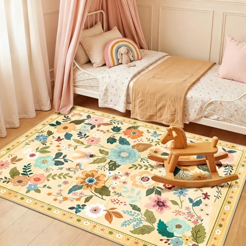 DEFYNEE Teppich Wohnzimmer 90x150cm Elfenbein/Gelb, Waschbare Teppiche | Boho Vintage Blumenmuster Wohnzimmerteppich, Waschbarer & Rutschfester Kurzflor Weich für Wohnzimmer, Schlafzimmer, Esszimmer
