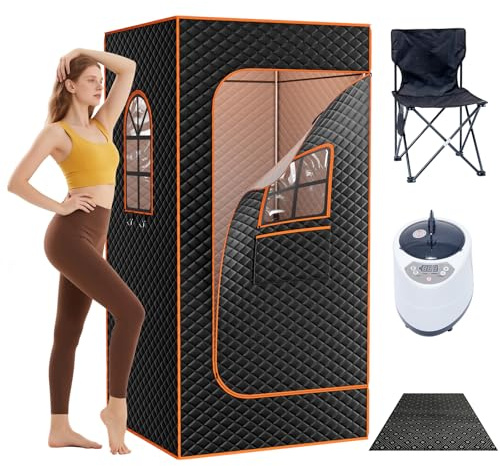 Obqer Sauna, Full-Size Portable Sauna, 15min Fast Rapid Heating, 9 Levels Adjustable Temperature, Timer, Relax Muscles, Promotes Beauty, Home Sauna Steam Room with Steamer, Folding Chair & Floor Mat