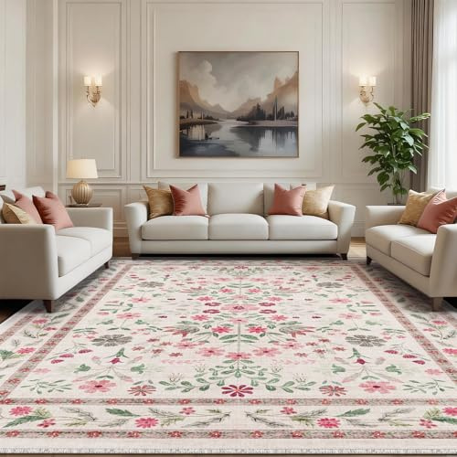 Rugs Living Room 90x150cm, Vintage Floral Rug, Washable Rug & Non-Slip Low Pile Carpet, Soft Boho Large Rugs, Garden Runner Rug for Bedroom, Kitchen, Entryway, Hallway, Dinning Room, Light Pink