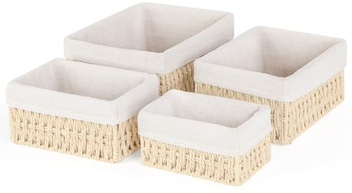 Otauoaea Geflochtener Aufbewahrungskorb mit Futter,4 Stück Körbchen Handgewebt Korb Boho DekoAufbewahrung Klein Geflochten Handgewebte Box aus Papierseil für Bad, Make-up,Tischplatten,Schrank(Beige)