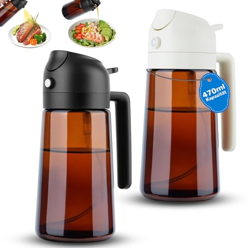 Nreosn 2er Set Ölsprüher für Speiseöl – 470 ml Olivenöl Flasche, Lichtdichter Öl Sprühflasche, 2-in-1 Ölspray für Airfryer, Olivenöl Spray für Küche, Luftfritteuse, Kochen, Salat und BBQ