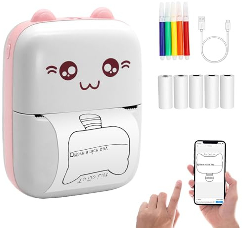 Mini impresora fotográfica para smartphone, impresora de etiquetas Bluetooth con 5 * papel de impresión térmica y 5 * lápices de acuarela para aprendizaje, notas de estudio, diagramas anatómicos