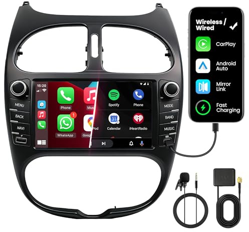 FLUXEONS Autoradio Double DIN avec Écran pour Peugeot 206 (1998-2009), CarPlay & Android Auto sans Fil, Écran Tactile Auto 7, 4 Go+64 Go, Bluetooth WiFi 5 GHz Dab+ FM AUX GPS