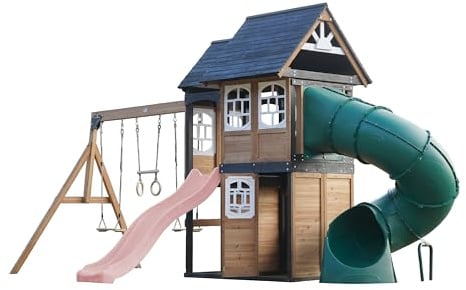 AXI Noud Playground in Wood, 2 Swings, Tube Slide and Pastel Pink Slide | XXL Children’s Playhouse with Climbing Frame and Trapeze | For the Garden