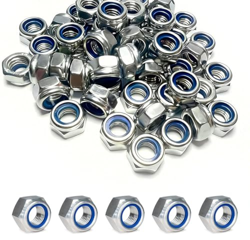 MKEAWWU Viti M5, Dadi Esagonali Di Sicurezza In Acciaio Inox A2, Autobloccanti, Argento, M5, 50 Pezzi
