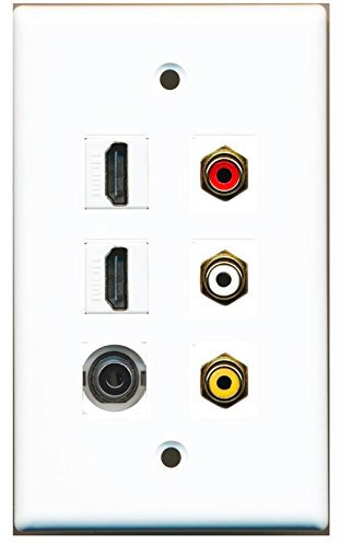 RiteAV – 2 HDMI 1 estéreo de 3,5 mm y 3 RCA – rojo blanco amarillo placa de pared blanco