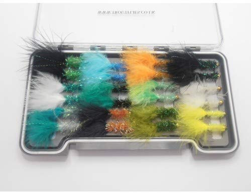Boxed Trout Fishing Flies, 24 Gold head Fritz Lures, Size 10 Hook, Fly Fishing NBX53