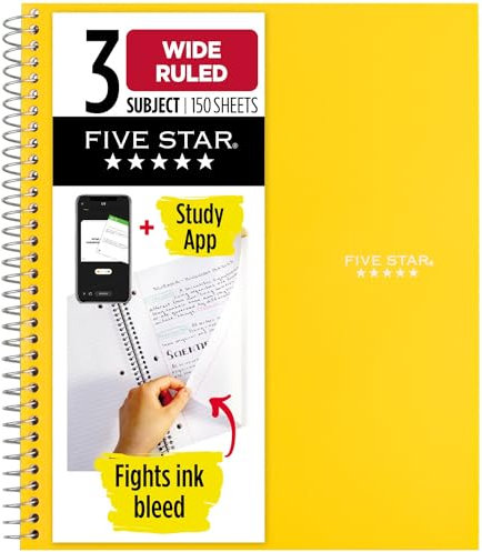 Five Star Spiral Notebook, 3 Subject, Wide Ruled Paper, 150 Sheets, 10-1/2 x 8 Sheet Size, Yellow (73463)