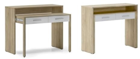 Skraut Home – Ausziehbarer Schreibtisch – Geschlossene Maße: 87 x 99 x 36 cm – Arbeitskonsole – Widerstandsfähiges Holz – Eiche/Weiß – Ideal für Ihr Zimmer