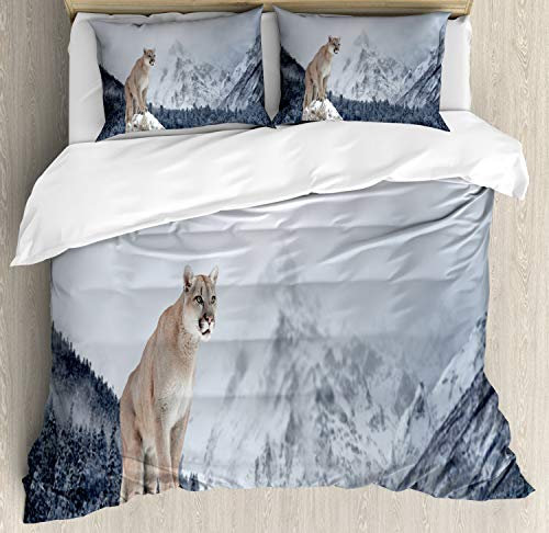 ABAKUHAUS Winter Bettbezugs Set Für Doppelbetten, Puma und Snowy Mountains, Milbensicher Allergiker geeignet mit Kissenbezügen, 200 x 200 cm, Grau Blau