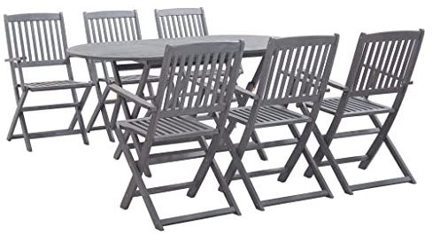 vidaXL Akazienholz Massiv Gartenmöbel 7-TLG. Sitzgruppe Gartengarnitur Gartenset Sitzgarnitur Esstisch Gartentisch Klappstühle Grau