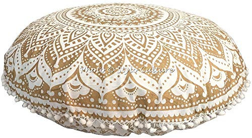 Stylo Culture Indisch Dekorativ Rund Bodensitzkissen Yoga 80 x 80 cm Groß Sitzpolster Kissen Mandala Gold Boho Pom Pom Spitze Schöne Sitzkissen Baumwolle Blumen Rundkissen Orientalisch