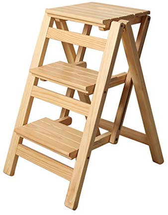 ZHZ-DT Leiterstuhl Treppenstuhl 3 Stufen Klappbar Hockerleiter Holz Haushaltsleiter Tritthocker Faltbar Leiter Stuhl Klappstufen für Küchen Bibliothek Dachboden Workzone, natürlichen Look