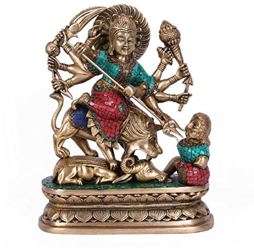 Riesiger Korb Durga Statue Göttin Hindu, Maa Devi, religiöses Messing, Türkis, Shakti Idol Kali
