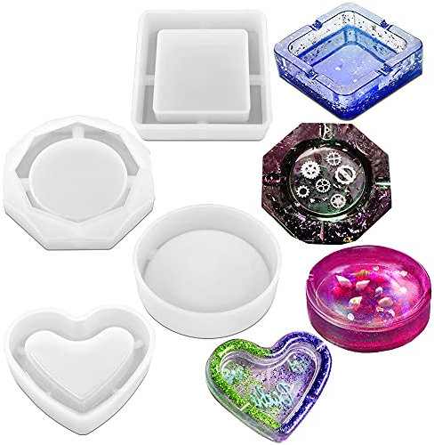 4 paquetes, moldes de silicona de resina, moldes de silicona de resina de fuente ashtray (cuadrados, en forma de corazón, diamantes y redondos), para fundición de resina, artesanías de bricolaje