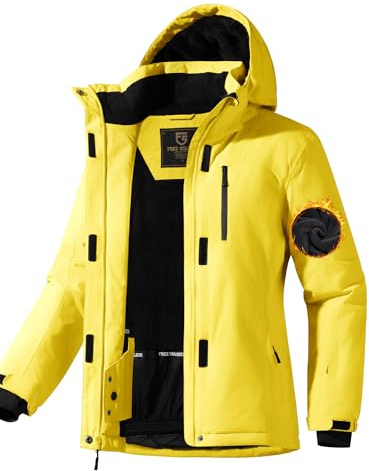 FREE SOLDIER Wasserdichte Skijacke für Damen, mit Fleece gefüttert, warme Winter-Regenjacke mit Kapuze, vollständig versiegelte Nähte (Creme-Gelb, Größe 2XL)