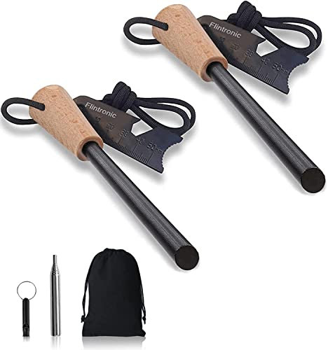 Flintronic 2PCS Pedernal para Fuego,Kits Encendedor Supervivencia de Acero de Pedernal Resistente al Agua,Incluye Silbato,Tubo de Soplado Plegable,Raspador con Escala,para Camping/Senderismo/Exterior