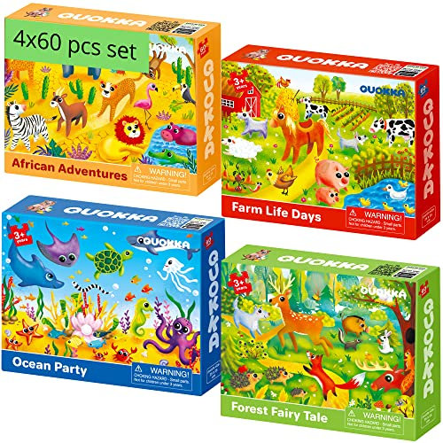 QUOKKA Puzzle ab 4 5 6 Jahre - 4x60 Teile Rahmenpuzzle Spiele für Jungen und Mädchen - Bunte Puzzle mit Ozean Wilden und Häuslichen Tieren - Geschenk Spielzeug für Kinder 3 7 Jahre