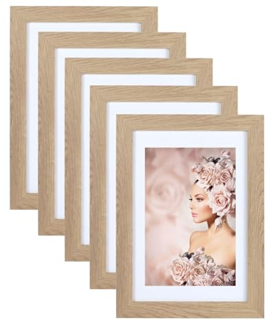 IDEAL TREND 5er Pack Holz Bilderrahmen Foto Plexi Rahmen Acryl Collage Wanddeko Poster S215: Farbe: Natur | Format: 10x15