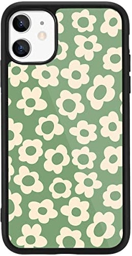MAYCARI Compatible with iPhone 11 Case Green Flower for Children Women, Hard Back Cover with Cute Floral Pattern Design Soft TPU Bumper Protective Phone Case for iPhone 11