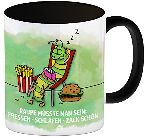 trendaffe Fressen schlafen zack. Schön! Kaffeebecher Henkel und Innenseite Schwarz mit Raupe Motiv