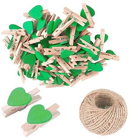 Lot de 100 mini pinces à linge vertes en bois multicolores avec cœur, 3 cm, petites épingles à linge avec ficelle pour affichage de photos, loisirs créatifs, décoration de mariage et de fête prénatale