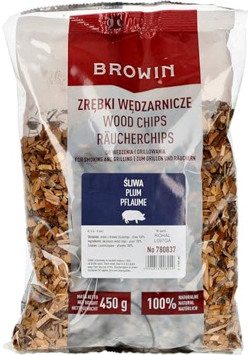 BROWIN® Räucherchips Pflaume 450 g 780837 | Räucherholz 6-8 mm für Schweinefleisch | Räucherspäne zum Räuchern und Grillen | smoking Chips für Smoker, Gasgrill und Grill