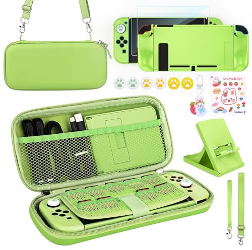 Younik Switch Zubehör Bundle, 17 in 1 Switch Zubehör Kit für Mädchen Enthalten Switch Tasche, Verstellbarer Ständer, Schutzhülle für Switch Konsole & J-Con(Grün)