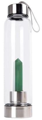 Queemie Glas Kristall Wasser Flasche, Grüner Quarz Kristall Flasche mit Edelstein Zentrum Infundiert Kristall Becher Obelisk Stab Energie Cup für Natürliche Wellness Heilung